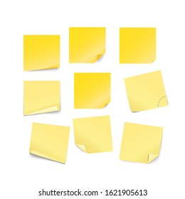 Colección vectorial de pegatinas de papel amarillo en blanco aisladas en fondo blanco