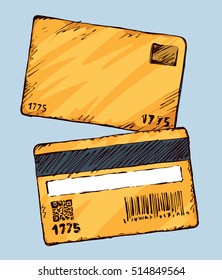 Blank yellow personal data paid value sell e-ticket wallet icon set isolated on white backdrop. Freehand bright color hand draw picture sign sketch in art doodle style. Closeup and space for text