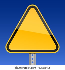 Blank yellow road warning sign on sky background