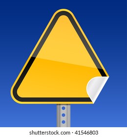 Blank yellow road warning sign with curved corner