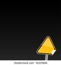 Blank yellow road warning sign on black background with curved corner