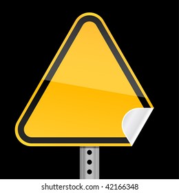Blank yellow road warning sign with curved corner on black background