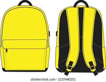 Blank yellow school bag front and back view isolated on white 