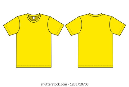 Blank Yellow Short Sleeve T-Shirt With Flat Lay Template Vector on White Background.Front and Back View.