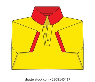 Blank yellow short sleeves polo shirt with red collar and cuff on white background, vector file.
