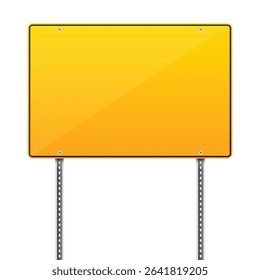 A blank yellow sign with a black border, mounted on two gray metal posts, perfect for customization. The sign is clean, reflecting light and ready for text.