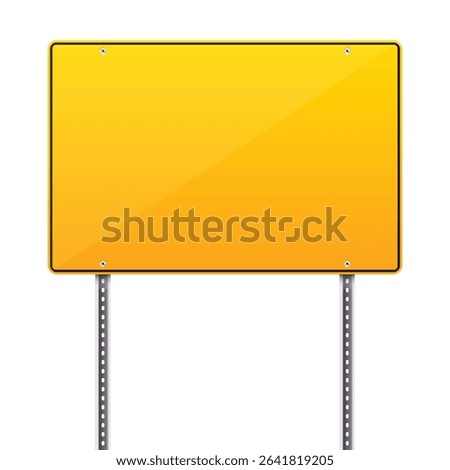 A blank yellow sign with a black border, mounted on two gray metal posts, perfect for customization. The sign is clean, reflecting light and ready for text.