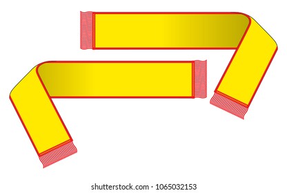 Blank yellow soccer scarf with red fringe tassels design on white background. Front and back views, vector file.