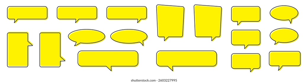 Blank yellow speech bubble, chat bubble, message box set. Yellow background quote speech bubble.