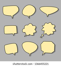 blank yellow speech bubbles, different shape set on brown background; vector illustration