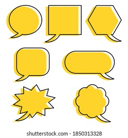 blank yellow speech bubbles set with different black line frame shape isolated on white background. vector illustration