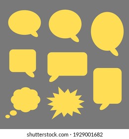 blank yellow speech bubbles set with different shape cartoon chat boxes isolated on grey background. vector illustration