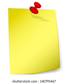 Blank yellow sticky note attached with red pin. Vector Illustration