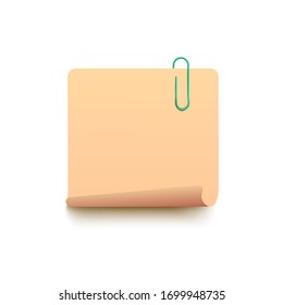 Blank yellow sticky note with curled bottom corner with green paperclip isolated on white background - rounded square paper memo pad sheet template. Vector illustration