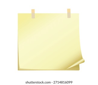 Papel adhesivo amarillo en blanco pegado con cinta adhesiva. Ilustración vectorial realista de una hoja de notas con un rincón ondulado, aislado para recordatorios, listas de tareas pendientes y mensajes de oficina.