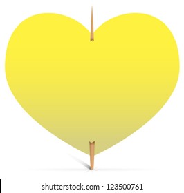 Blank yellow sticky note in the shape of heart on a toothpick. Vector illustration