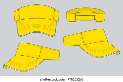 Blank Yellow Sun Visor Cap With White Sandwich and Adjustable Hook-Loop Strap Design On Gray Background, Vector File.