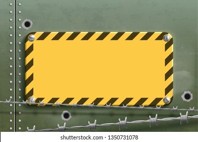 Blank yellow warning metal plate. Steel background with holes and barbed wire. Vector illustration.