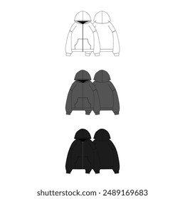 Blank Zipper Hoodie Technical Drawing Vector Fashion Illustration Zipper Hoodie Flat Vector Mockup Template Zipper Hoodie Apparel Mock-up Template Vector Clothing Zipper Hoodie CAD Design
