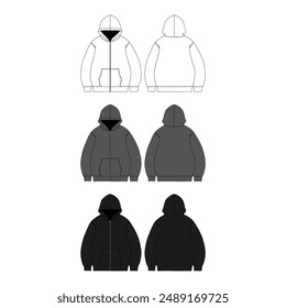 Blank Zipper Hoodie Technical Drawing Vector Fashion Illustration Hoodie Zipper Flat Vector Mockup Template Zipper Hoodie Apparel Mock-up Template Vector Clothing Zipper Hoodie CAD Design