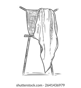 blanket with basket illustration hand draw style in vintage engraved sketch outline style.