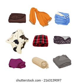 blanket bed, fabric plaid, picnic cloth, baby towel cartoon icons set vector illustrations