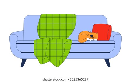 Blanket covered couch cozy with sleeping cat near pillow 2D cartoon object. Comfortable sofa with napping kitten isolated element flat vector clipart on white background. Spot illustration