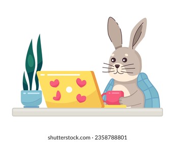 Blanket covered rabbit looking at laptop cute chill lo fi wallpaper. Movie night. Bunny at home 2D vector cartoon character illustration, lofi anime background. 90s kawaii aesthetic, dreamy vibes