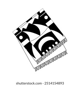 A blanket decorated with Native American folk patterns, isolated on a white background, monochrome style, camping gear vector illustration