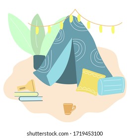 Blanket fortress, tent at home for children ir teenagers with pillows and garland. Home party. Flat vector illustration.