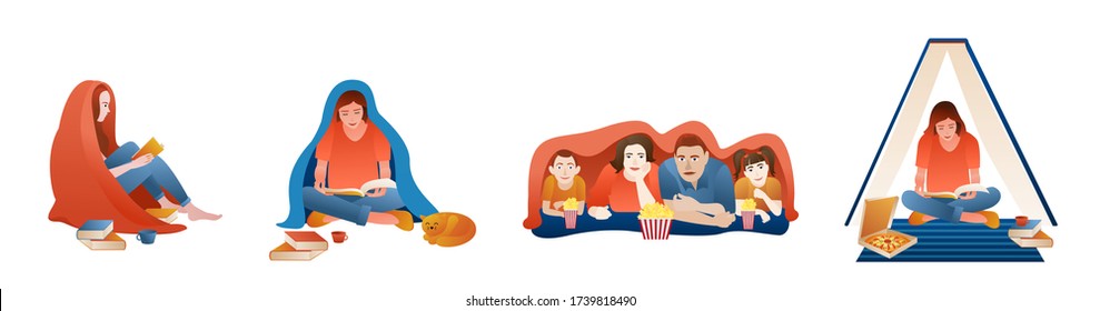 Blanket home. Set of colorful vector illustration. People read and watch tv at home.