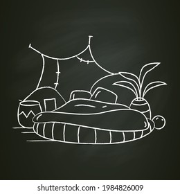 Blanket house chalk icon.Cozy bedroom with comfortable bed mattress and domestic plant. Modern bed room. Home interior and furniture concept. Isolated vector illustration on chalkboard