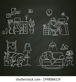 Blanket house chalk icons set.Living room, cabinet, office,home workplace.Modern apartment furniture, accessories.Home interior and lifestyle concept.Isolated vector illustration on chalkboard