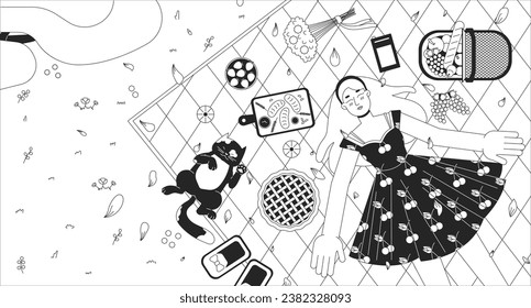 Blanket picnic girl cat black and white lofi wallpaper. Sakura petals falling on young woman 2D outline top view character cartoon flat illustration. Springtime vector line lo fi aesthetic background