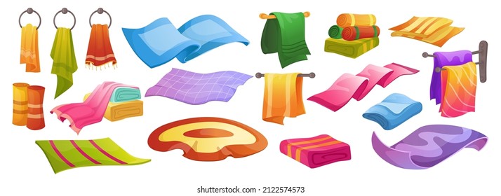 Blanket and rug. Cartoon kitchen and bathroom textile, cotton napkins, towels, handkerchief rolled and in stacks. Vector set