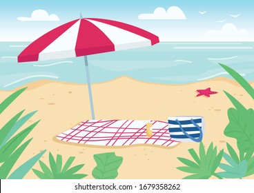 Blanket And Sun Umbrella On Sand Beach Flat Color Vector Illustration. Towel, Bag And Sunscreen Bottle Items For Sunbathing. Summer Vacation. Seacoast 2D Cartoon Landscape With Water On Background