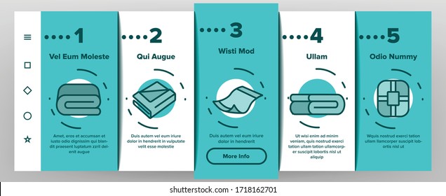 Blanket And Towel Onboarding Icons Set Vector. Electronic Blanket With Heating, Fabric Bathroom Accessory, Twisted Plaid Illustrations