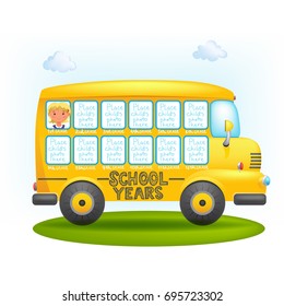 Blank-frame for a photo of a schoolboy during all the years of study in the form of a school bus. Template, vector editable illustration