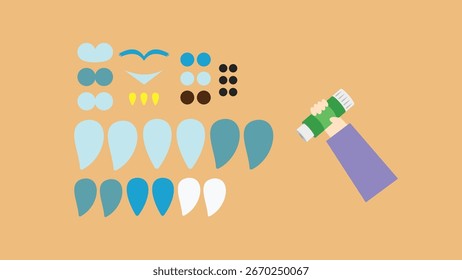 Blanks para apliques y una mano con pegamento. Ilustración vectorial en estilo plano. Cuidado dental.