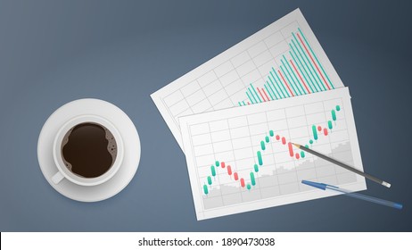 Blanks with business charts, uptrend line graph, histogram and bull market stock numbers. Analyst or trader's workplace. Vector.