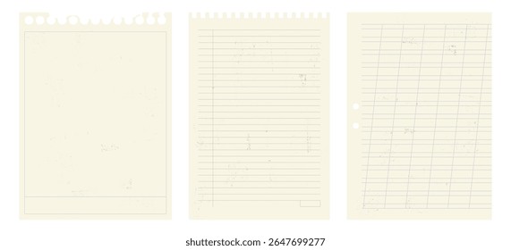 Blanks with grunge realistic texture. Ripped notebook paper sheets, lined pages from old notepad.