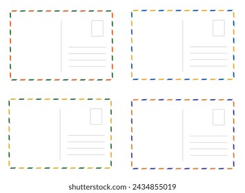 Blanks postcard template with place for stamp. White paper texture. Four postcards with red and green, yellow and blue, yellow and green, orange and violet border.