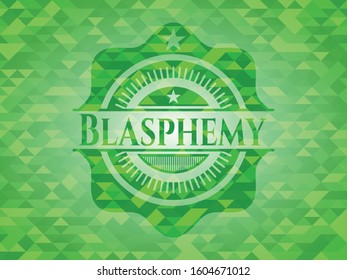 Blasphemy green emblem with triangle mosaic background. Vector Illustration. Detailed.