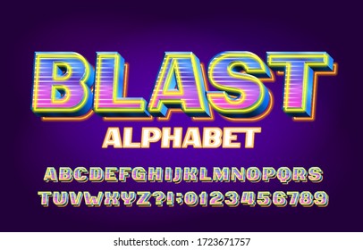 Blast alphabet font. 3D shining letters, numbers and symbols. Retro-futuristic vector typescript for your typography design.