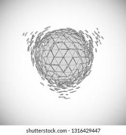 Blast the ball into triangular pieces. Black-white. Tetrahedron. 3D. Vector illustration