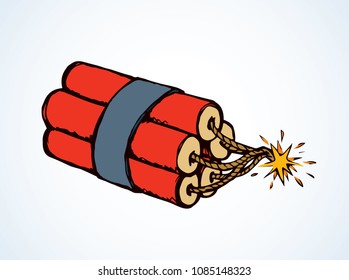 Blast cable cord wick grenade bombshell bundle on white backdrop. Bright red color hand drawn fight object logo. Caution safety logo pictogram concept in retro art doodle style with space for text