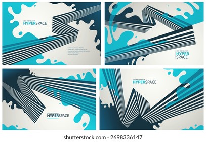 Blast of exploding lava over parallel lines in perspective vector abstract background set, concept of order converting to chaos as entropy is rising, surreal fluid splash.