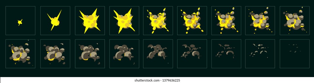 Blast explosion animation for game. The effect of an explosion with fire, flame and particles. Sprite sheet for games, cartoon or animation, vector illustration isolated. - Vector