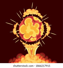 blast in form of circle with clouds of yellow color around him on red background vector illustration design