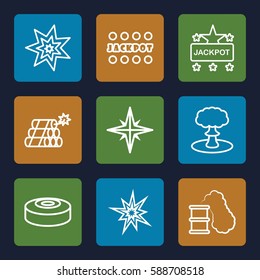 blast icons set. Set of 9 blast outline icons such as Jackpot, dynamite, explosion, smoke bomb, smoking can